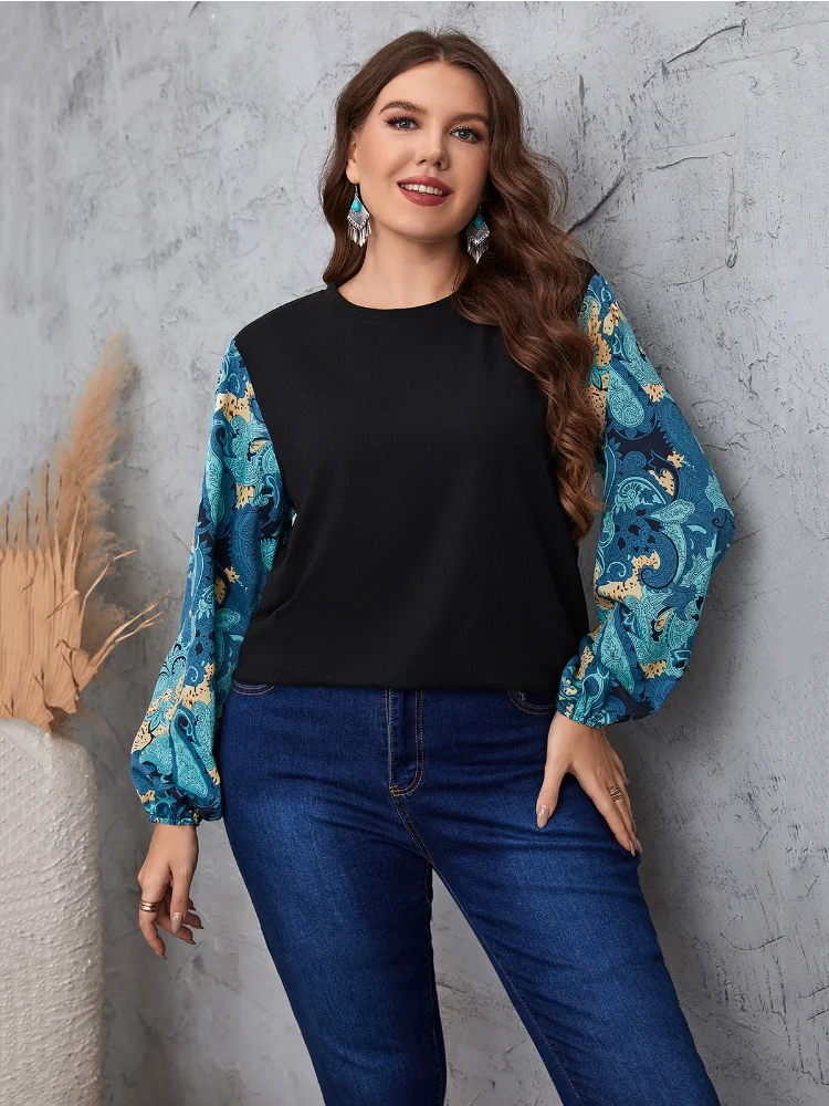 Temperament commuter color matching plant lantern sleeve round neck plus size shirt plus size women clothing
