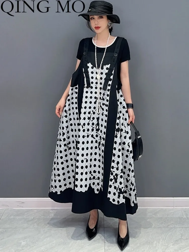 QING MO 2023 Summer New Korean Style Strap Skirt Color Matching Casual Age Reducing Long Dot Camisole Dress Women ZXF2966