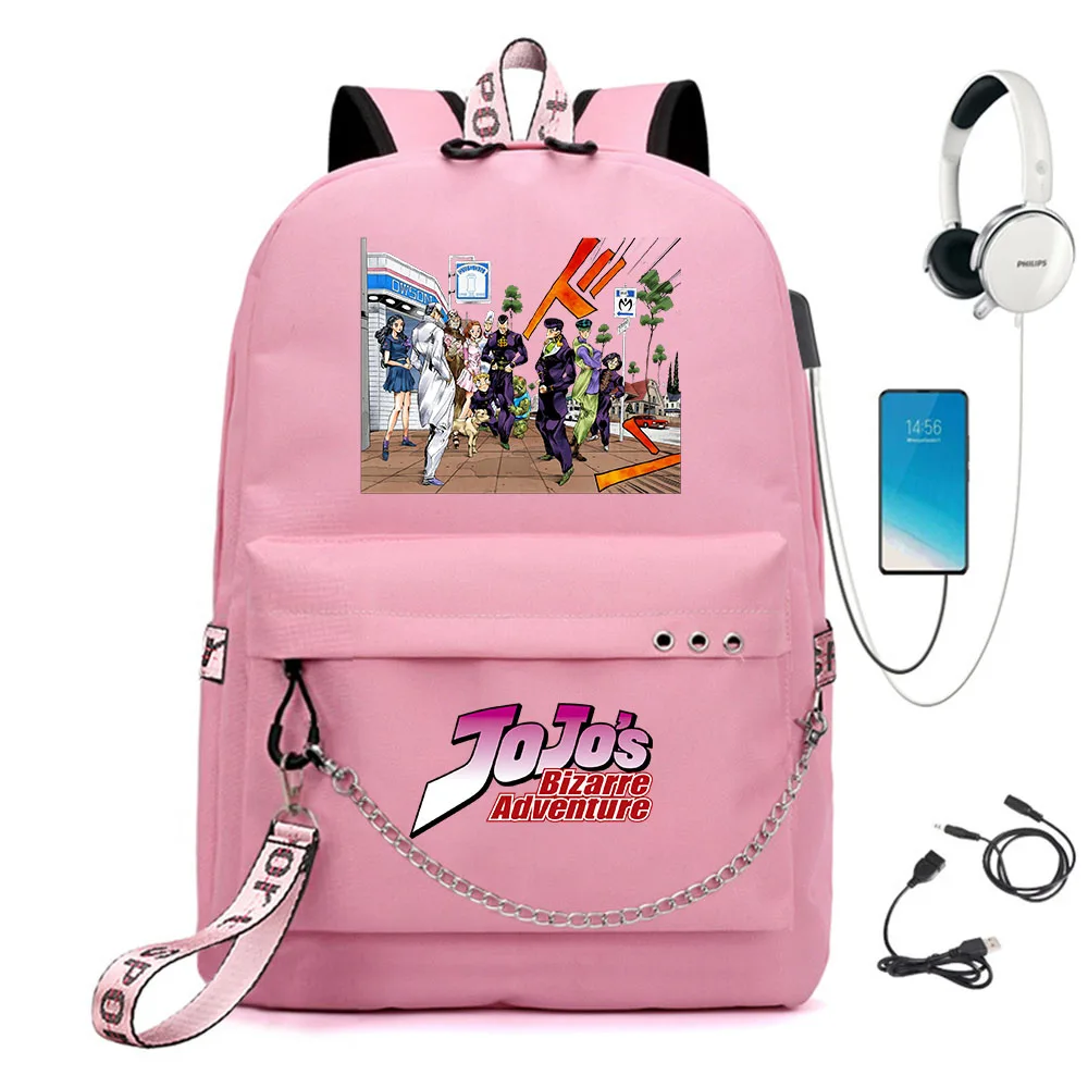 

JoJo's Bizarre Adventure Nylon Backpack Casual USB Schoolbag Packsack Cartoon Student Teenager Knapsack Laptop Bag Zip Bookbag