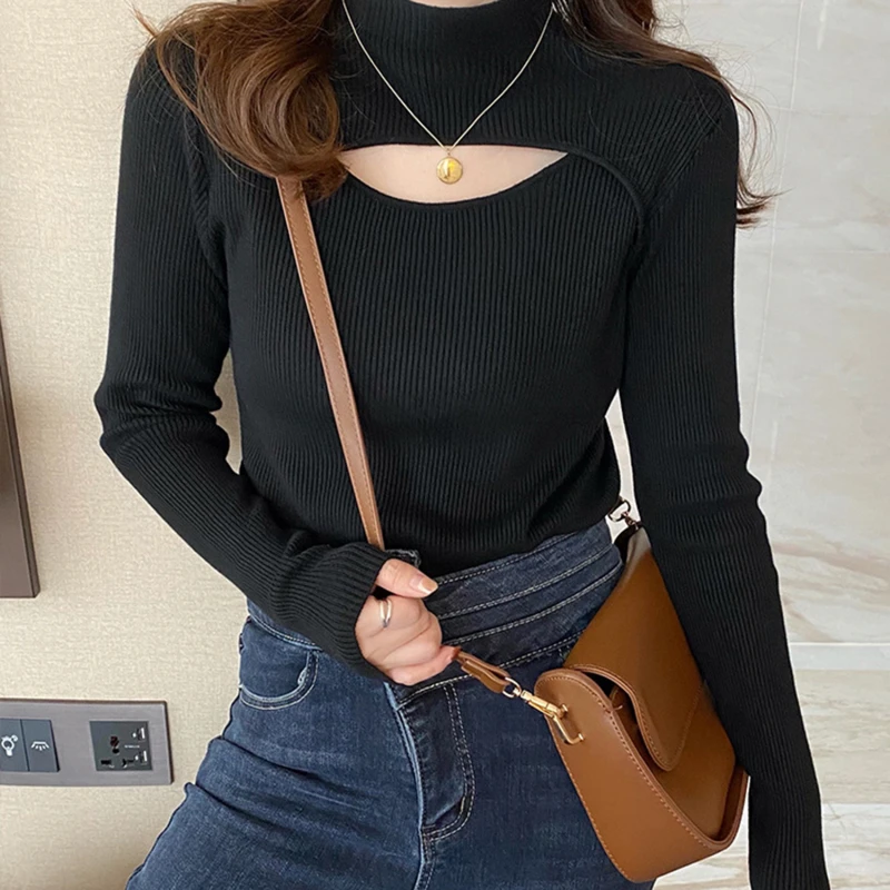 

Sexy Hollow Out Slim Women Sweater Winter Turtleneck Long Sleeve Knitting Ribbed Pullover Soft Warm Grey Casual Jumper 2023 New