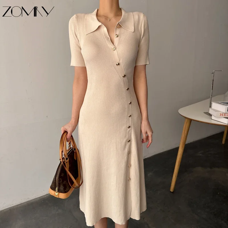 

ZOMRY Korean New Midi Slim Short Sleeved Lapel Knitted Dress 2023 Autumn Fashion Casual Party Robe Office Ladis Elegant Clothing