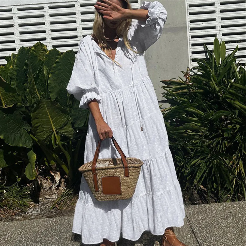 

Bohemian Dress White Niche Design Sense Polka Dot Hook Flower Hollow A Swing Casual Loose New Fashion 2022 Party Dresses Summer
