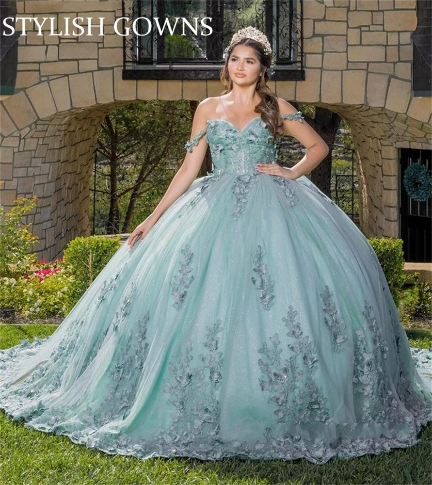 

Princess Off The Shoulder Ball Gown Quinceanera Dress For Girl Beaded Birthday Party Gowns 3D Flowers Prom Dresses Vestido De 15