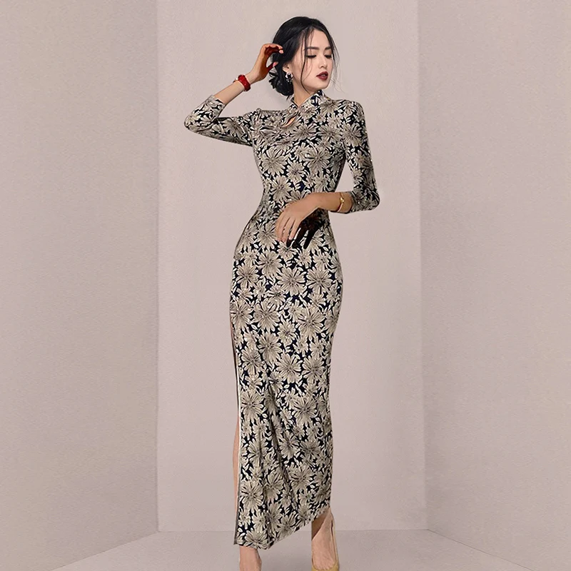 

Женское винтажное платье-Ципао, Элегантное Длинное платье с воротником-стойкой, пряжкой и цветочным принтом, весна-лето 2022