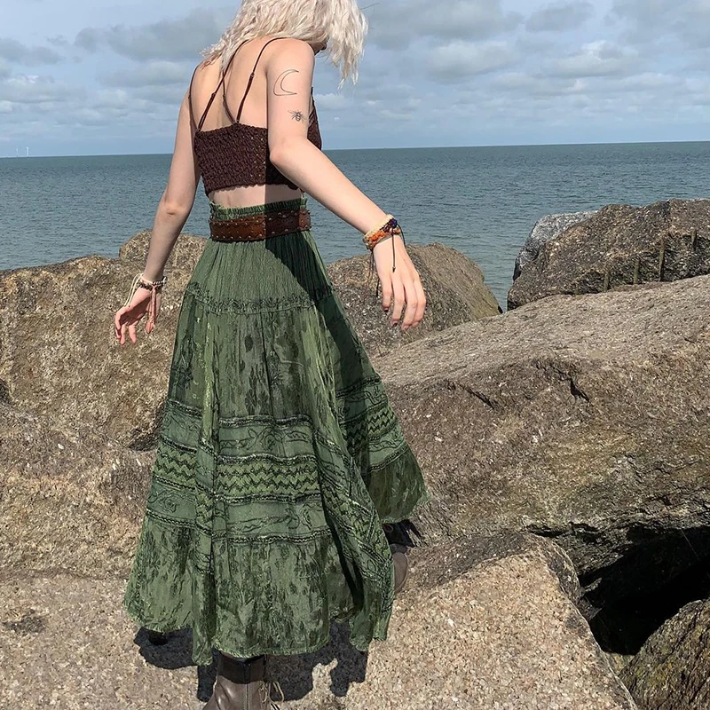 

Women Fairy Grunge Midi Vintage Boho Elastic High Waist A Line Layer Ruffle Swing Maxi Skirt Fairycore Streetwear