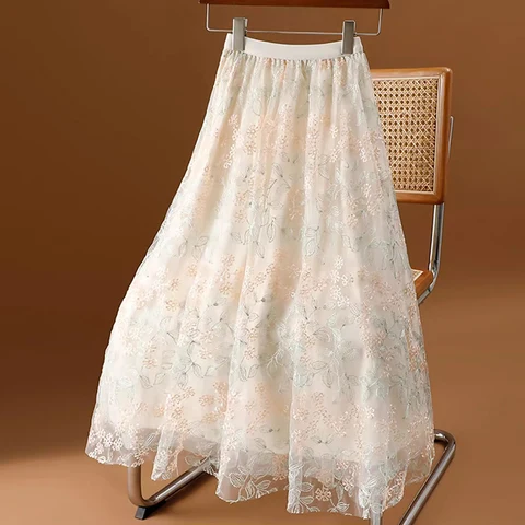 SURMIITRO Корейская Милая Цветочная вышивка длинная юбка для женщин 2023 весна лето элегантная кружевная фатиновая миди-юбка с высокой талией для женщин