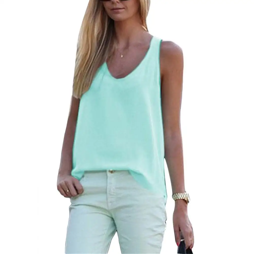 

Solid Color Round Neck Sleeveless Chiffon Blouse Summer Women Vest Tank Top