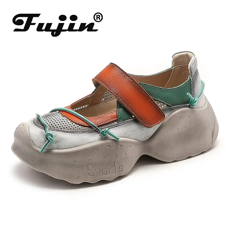 

Fujin 5cm Hollow Slippers Comfy Moccasins Sneakers Cow Genuine Leather Women Wedge Shoes Platform Loafer Female Summer Sandals
