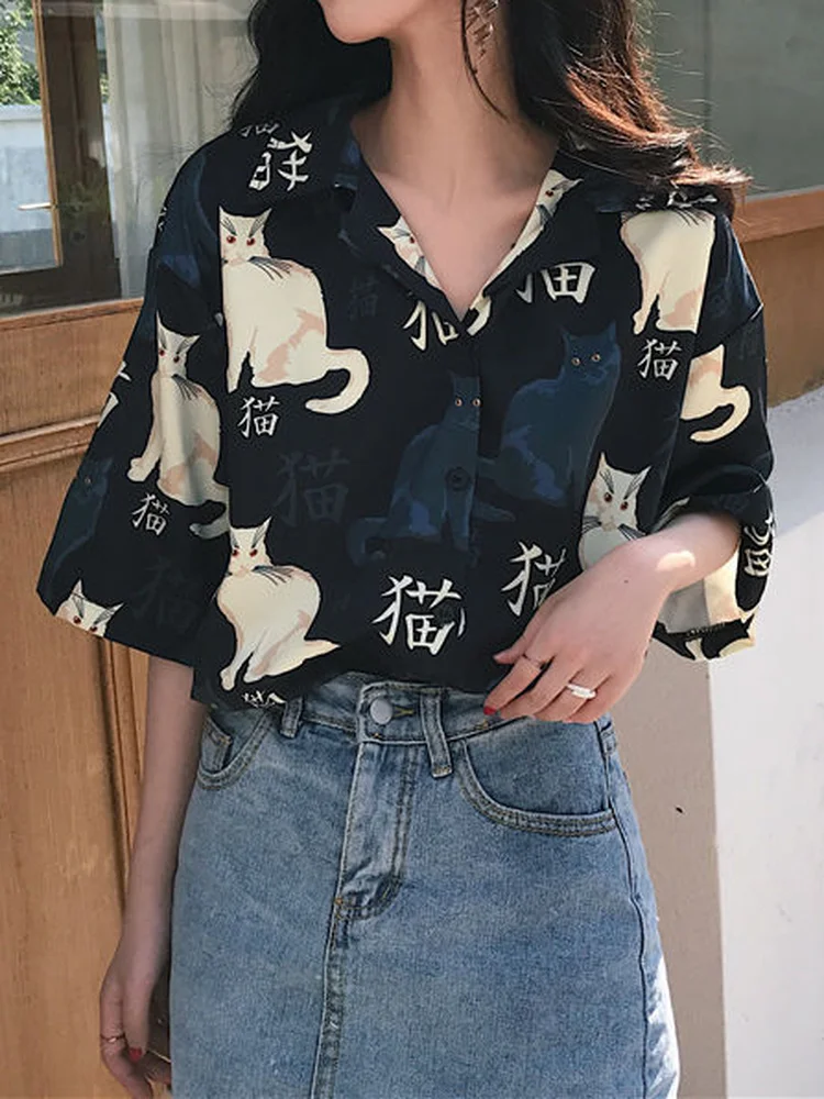Deeptown Women Shirt Cat Anime Shirt Kawaii Harajuku Graphic Tees Summer Button up Shirt Tops Casual Long Sleeve Blouses Female