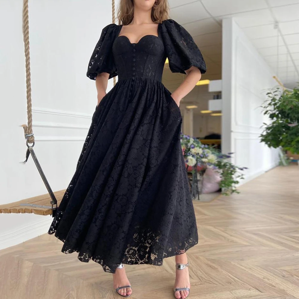 

Женское кружевное вечернее платье, простое ТРАПЕЦИЕВИДНОЕ драпированное платье до середины икры, с коротким рукавом-фонариком, платье для ...