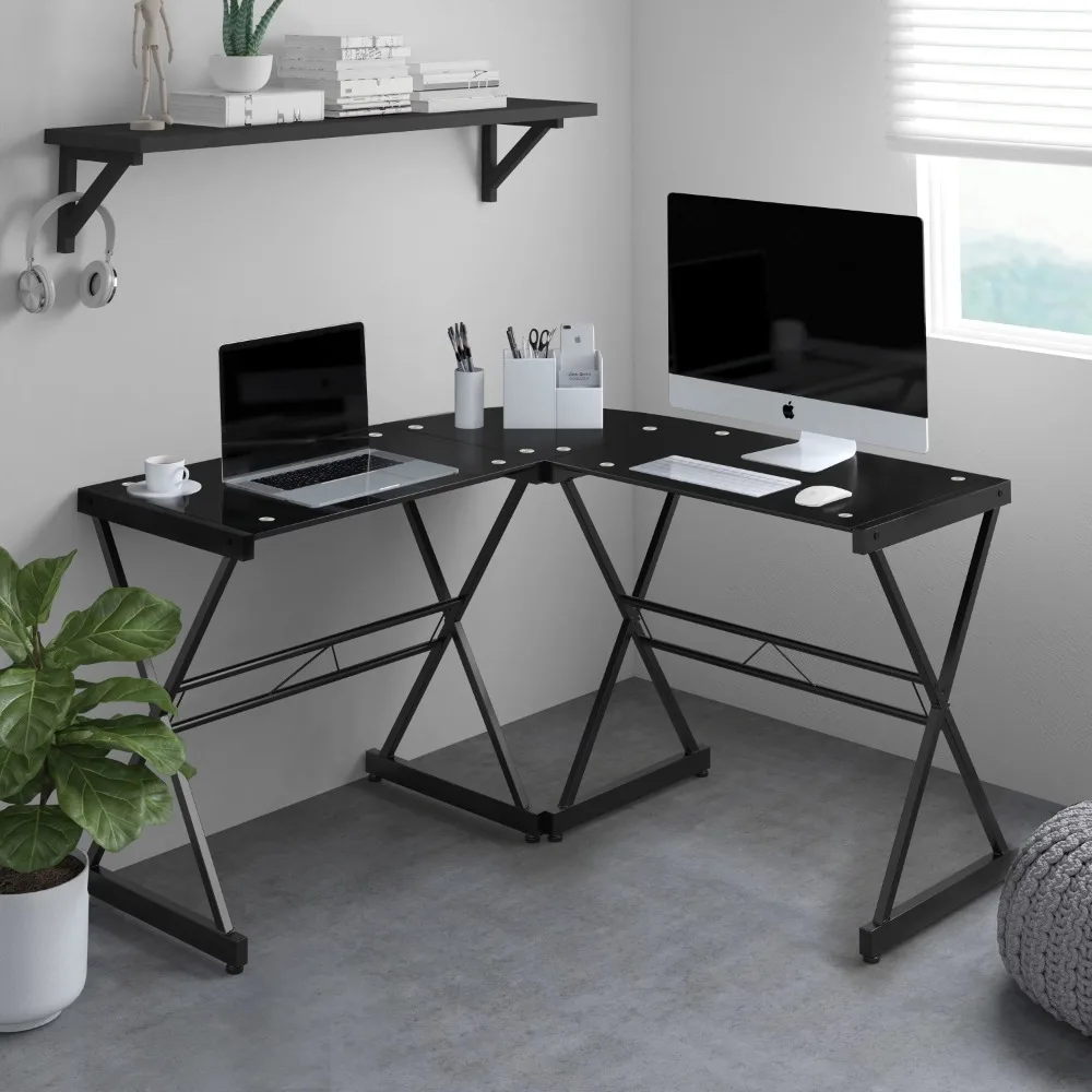 

Computer L-Shaped Desk with Tempered Glass Top, Black Laptop Table Computer Desk Stand Home Office Desk