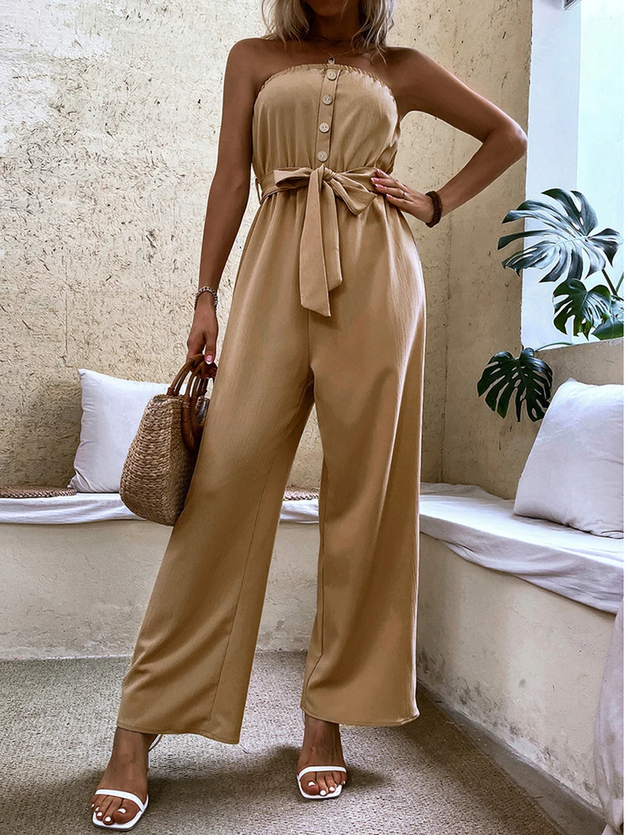 

Women Sleeveless Wide-Leg Jumpsuit Solid Color Strapless Front Buttons Rompers with Removable Waist Belt for Casual Wear