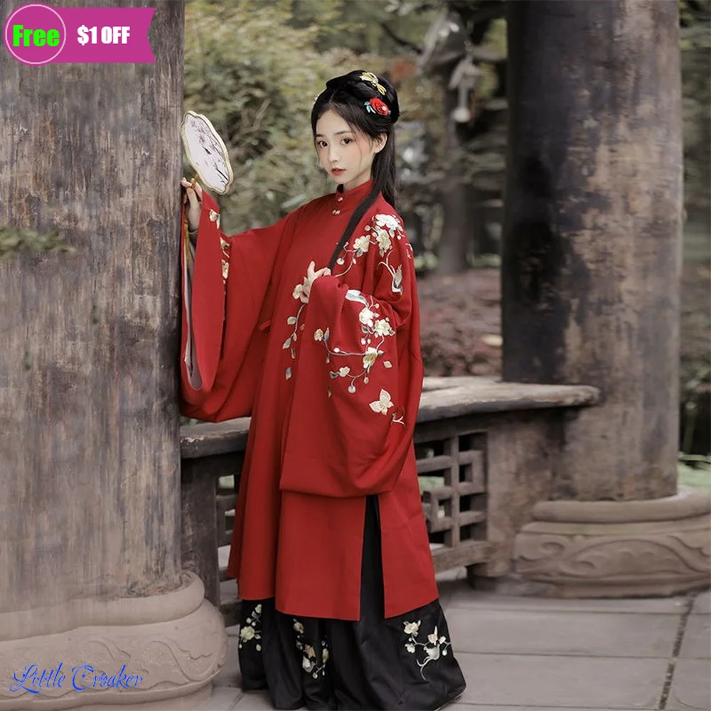 

Original Ming Dynasty Red Black Hanfu Women's Full Set Gown Chinese Style Embroidered Pleated Skirt Chinese Traditional Costume