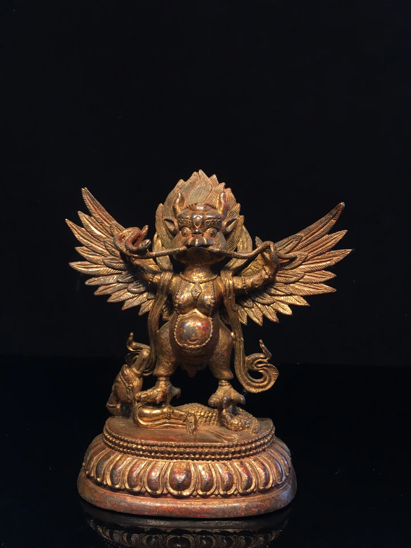 

7"Tibet Temple Collection Old Bronze Gilding Cinnabar Garuda Dhwaja Buddhist Dharma Protector Worship Hall Town house Exorcism