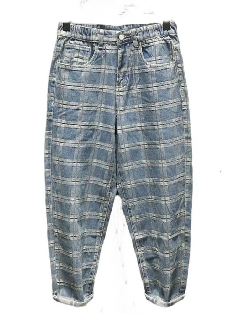 Men Jeans Plaid Denim Pants Men's Straight Loose Fashion Casual Denim Wide Leg Daddy Pants