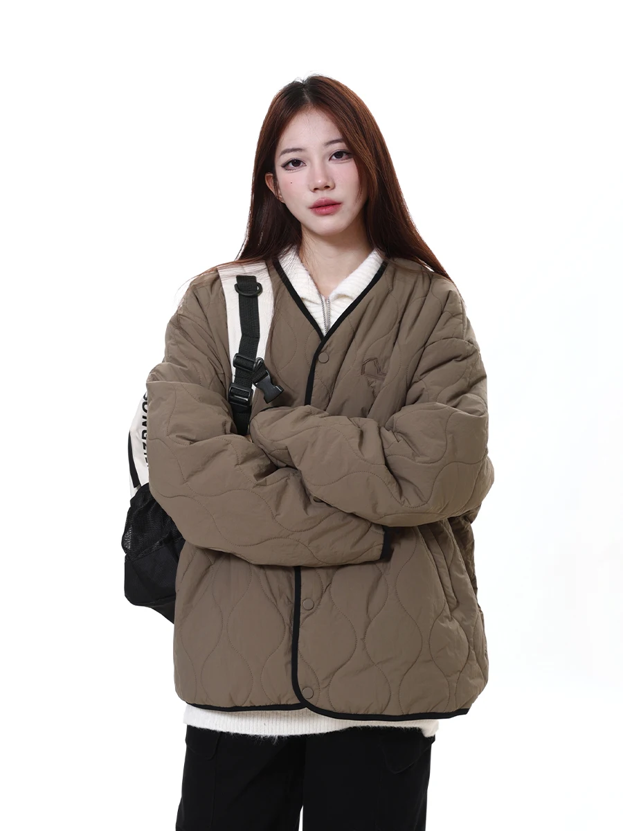 Arku American Sle Navy Blue Rhombus Quilted Warm Cotton-Padded Clothes for Women Winter Loose Design Collarless Cotto...