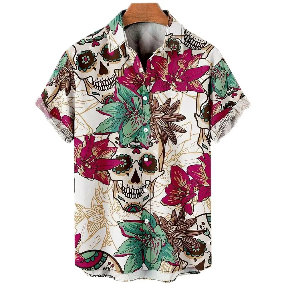 

Мужская винтажная гавайская рубашка с коротким рукавом, черная рубашка с 3D-принтом черепа, рокабилли, топ в готическом стиле, одежда для мужчин на лето 2023