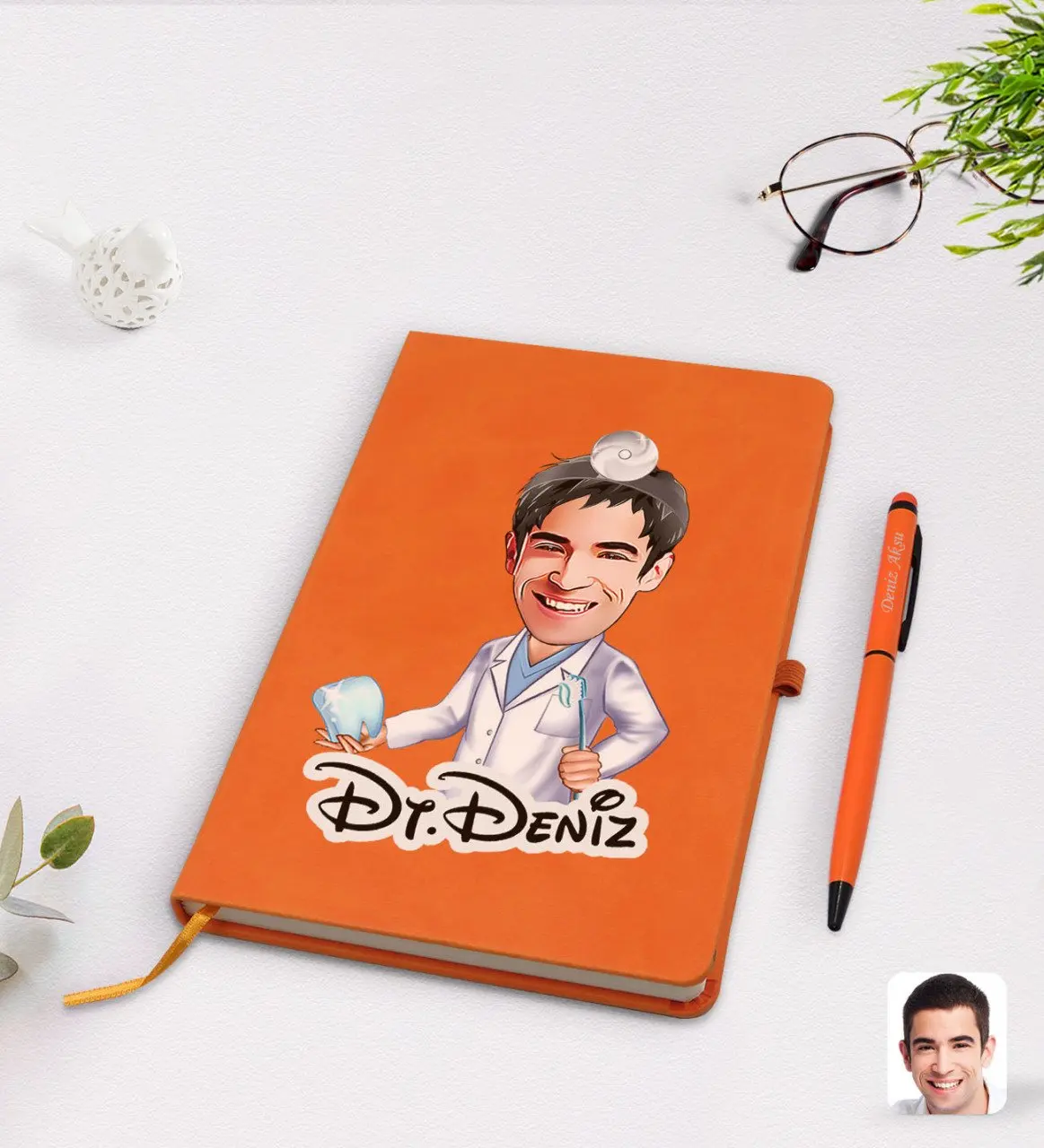 

Personalized men's dentist cartoon orange thermo leather notebook pen set Model 3