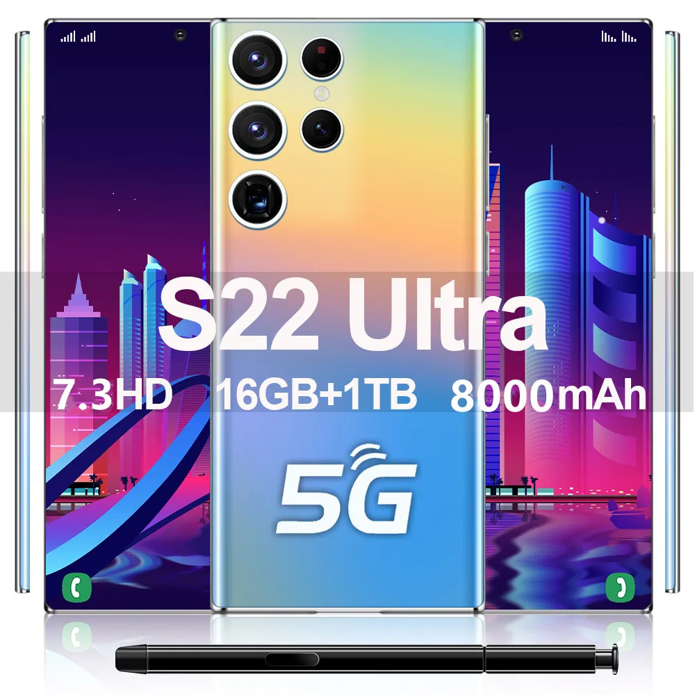 

Смартфон S22 Ultra, 7,3 дюйма, 16 ГБ + 1 ТБ, разблокированные мобильные телефоны, 8000 мАч, 4G/искусственная кожа, сотовый телефон, 48 Мп + Мп, телефон Android