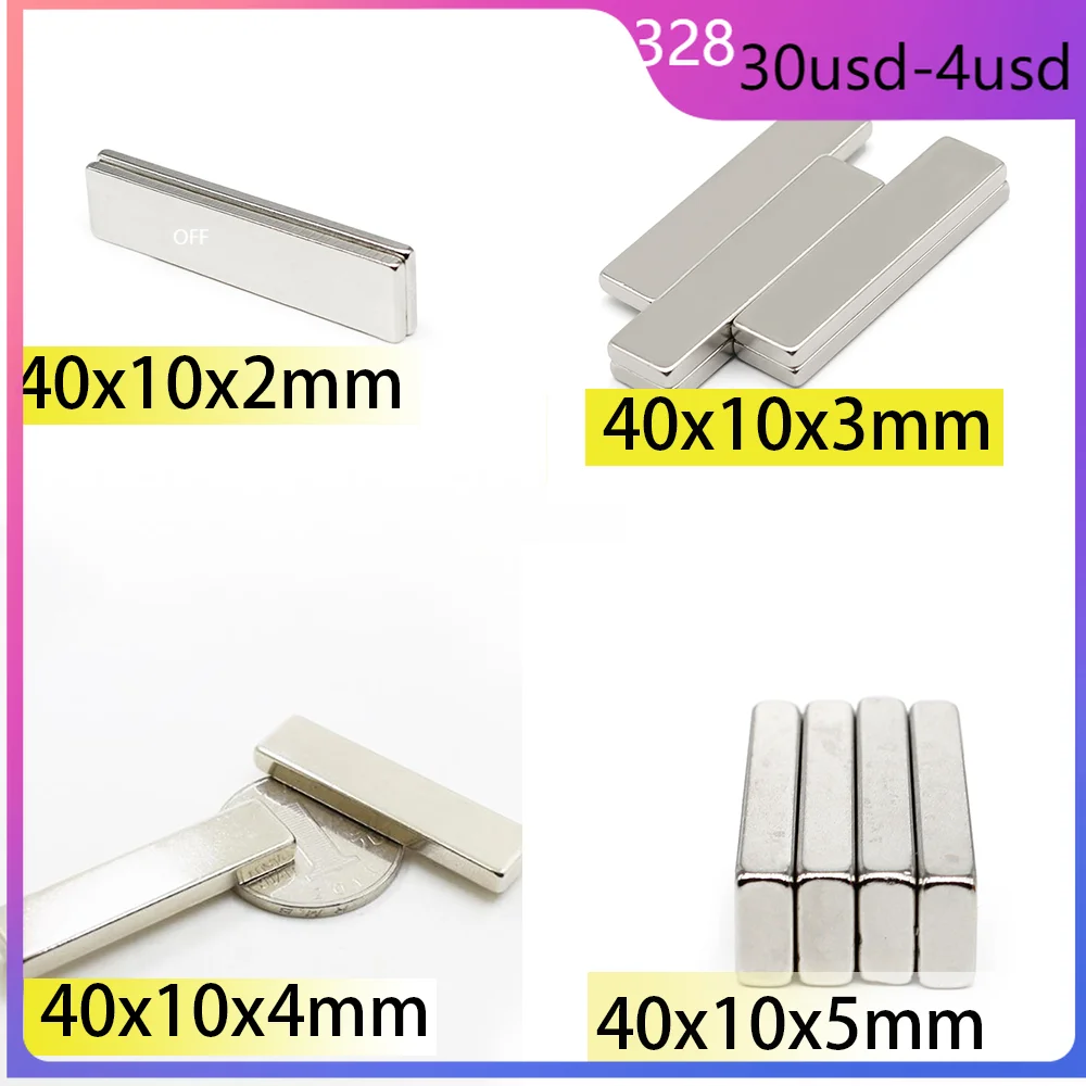 

10/20/50pcs 40x10x5 40x10x2 40x10x3 40x10x4 hight2 Rectangle Square Neodymium Bar Block Strong Magnets Search Magnetic Toy Glass