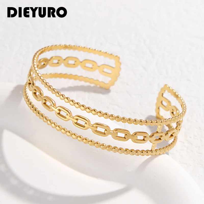 

DIEYURO 316L Stainless Steel Geometric Link Adjustable Cuff Bracelet For Women Girl New Trend Bangle Non-fading Jewelry Gift