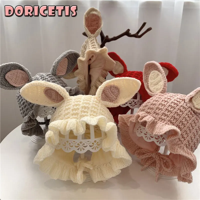

Baby Hats Solid Ruffle Cute Cartoon Rabbit Modeling Anti Cold Keep Warm Outing Travel Soft Wool Knitting Kids Hat Autumn Winter