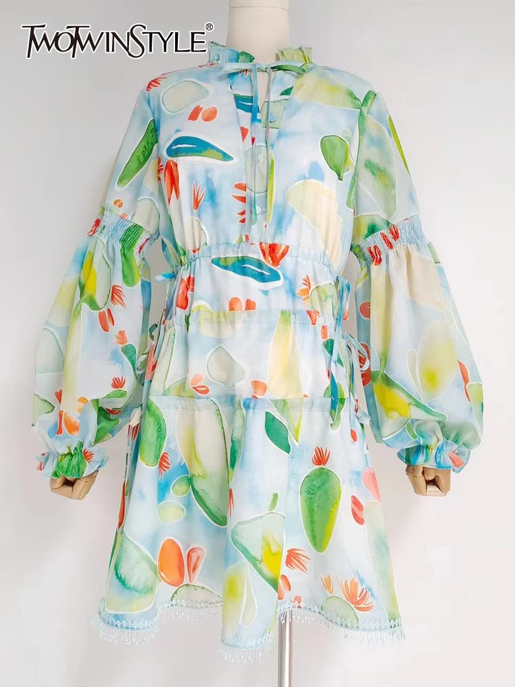 

Женское платье-мини TWOTWINSTYLE, винтажное платье с цветным блоком и воротником-стойкой, с длинным рукавом и высокой талией, корейская мода, Нови...