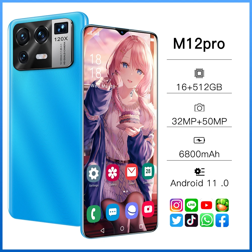 

Latest M12 Pro 5G LET Global 6.7 Inch Mobile Phone Android11 6800mAh 16GB+512GB MTK-6889 Smartphones 10-Core Dual SIM Cellphones
