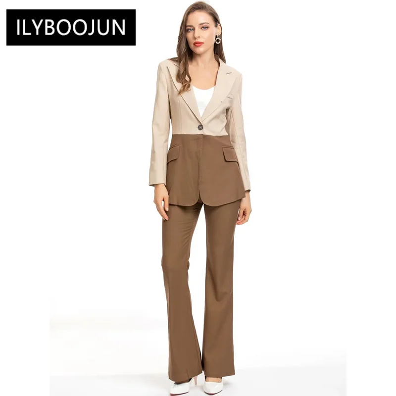

Fashion 2022 Runway Autumn Luxury Suit Women Long Sleeves Patchwork Single Button Coat + Flare Pants Office Lady Two Piece Set