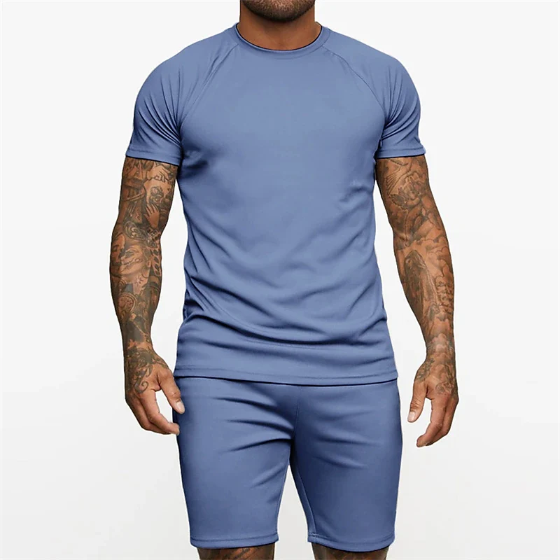Men Clothes 3D Printed T-shirt Suits Plus Size Solid Color Designer Graphic Round Neck Ropa Short Raglan Sleeve 2 Pieces Summer