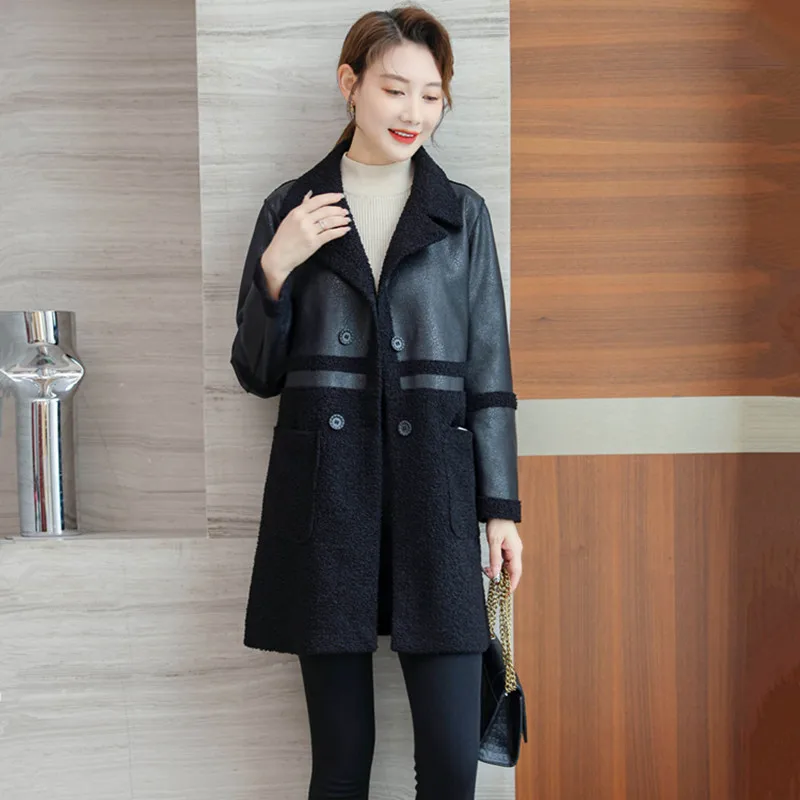 XL-6XL Plus Size Women Reversible Sheepskin Coat 2022 Winter Turn-down Collar Lambskin Leather Jacket Female Long Wool Fur Coat