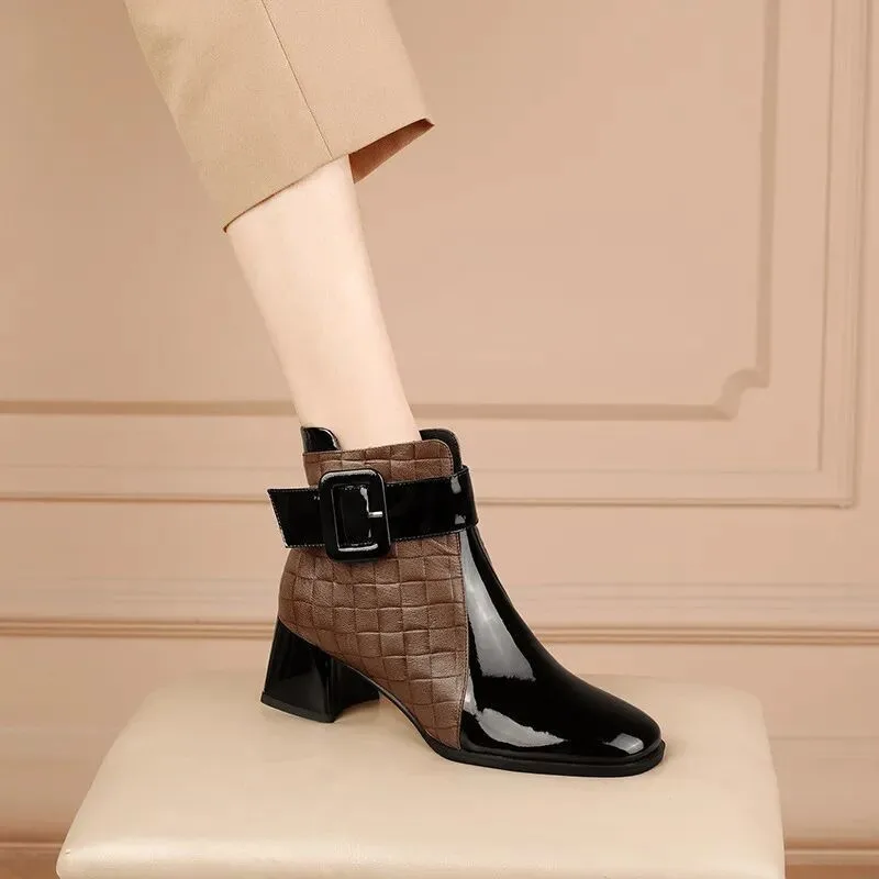 

Женские ботинки, Новинка осени 2023, модные плюшевые ботинки на толстом каблуке, с квадратным носком, водонепроницаемые черные кожаные короткие ботинки, 40 Botas Femininas