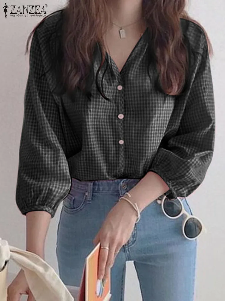 

ZANZEA 2023 Spring Summer Korean Tops Women 3/4 Sleeve Blouse Vintage Plaid V Neck Blusas Casual Loose Buttons Holiday Shirt