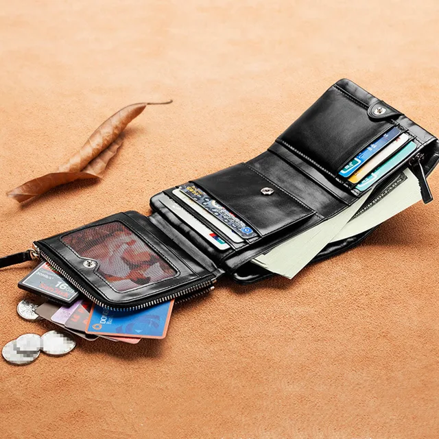 New Men's Wallet RFID Anti Theft Short Zipper Three Fold Business Card Holder Money Bag Purse  Genuine Leather Wallet Male 4