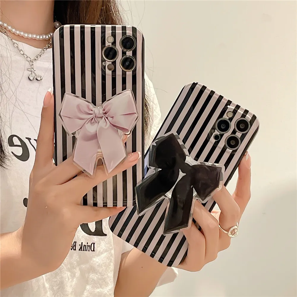 

Fashion Vertical Stripes 3d Bow Bracket Soft Case For Iphone 11 12 13 Pro Max 7 8 Plus X Xs Max Xr Female Anti-drop Cover Fundas