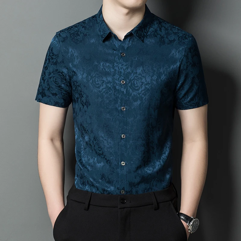 

Floral Vintage Casual Silk Men Shirt Short Sleeve Smooth Elastic Summer New Fashion Soft Comfortable Silky Quality Chemise Homme
