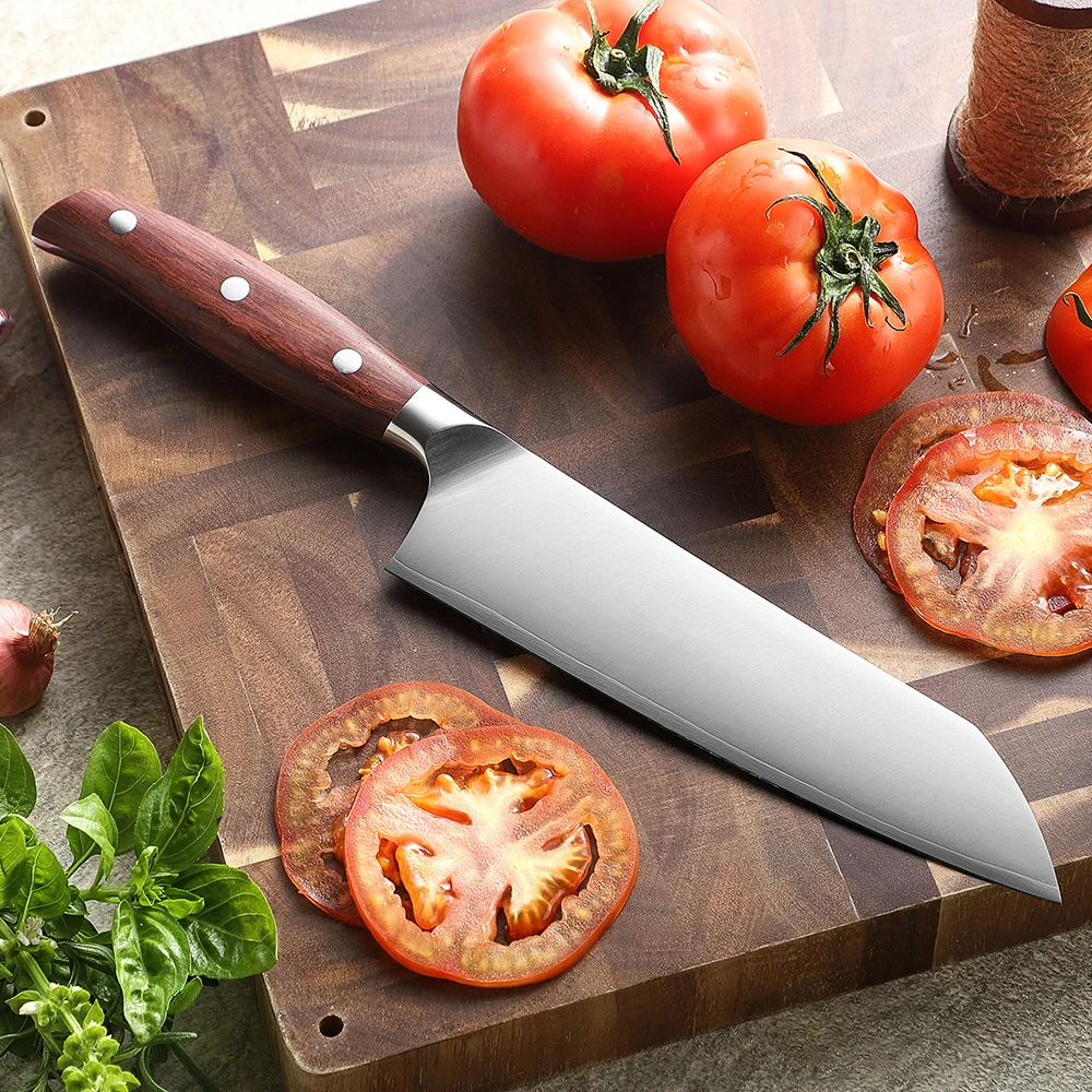 Фото Нож XINZUO Santoku 7,1 дюйма с ручкой из высококачественной красной древесины, 3-слойная композитная сталь, нержавеющая сталь, твердость сердцевины 440C. №4