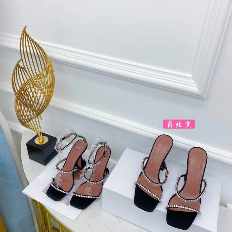 2023 Summer Fashion Square Head Open Toe Rhinestone with High Heel Sandals Wine Glass and Women's Slippers