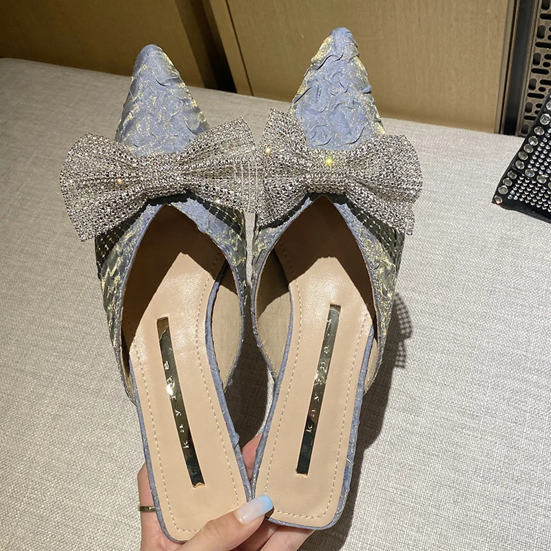 

Ladies Heels Sandals Mules Pointed Toe Female Casual Fashion Slides Rhinestones Women Slippers Pumps 2022 Butterfly-Knot Shoes