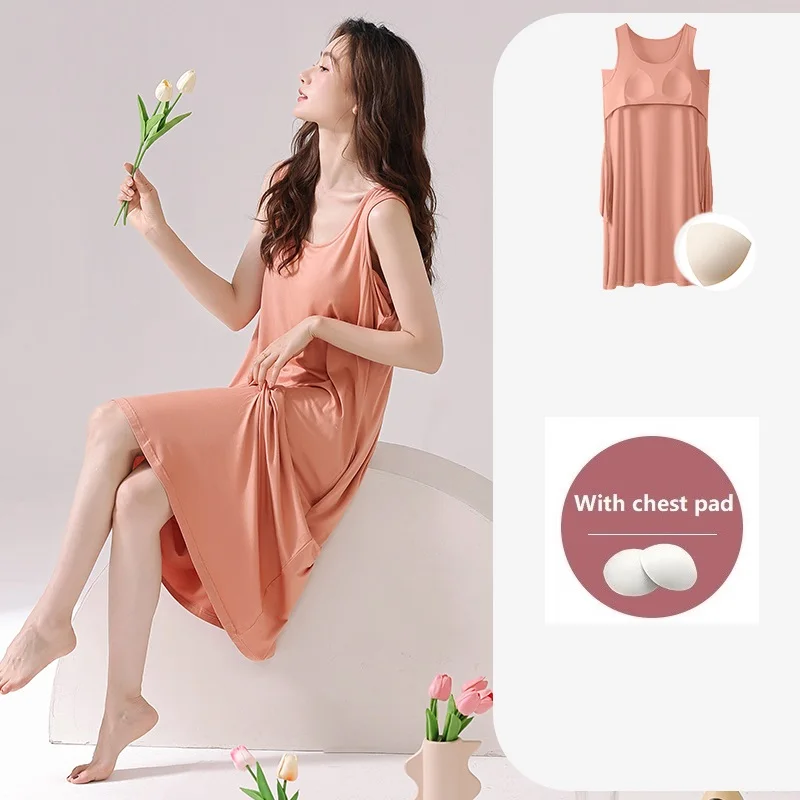 

С нагрудной подушкой летние длинные ночные рубашки из модала Женская жилетка ночная рубашка женская ночная рубашка