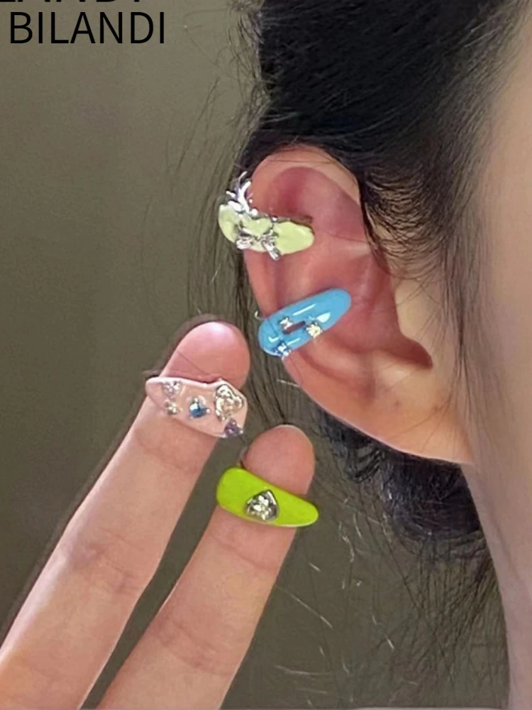 

Bilandi Trendy Jewelry Sweet Korean Temperament Green Blue Cream Clip Earrings For Women Girl Earcuff Accessories Party Gift