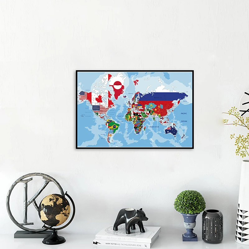 

60*40 см карта мира с национальными флагами, декоративный постер и принты, холст без рамы, картина для гостиной, домашний декор