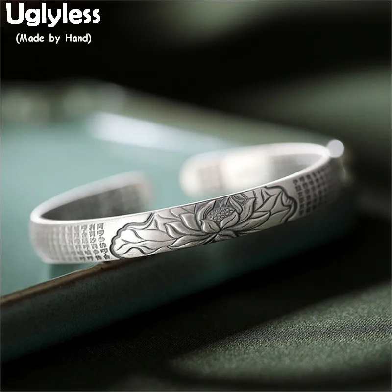 

Uglyless 100% Real 999 Fine Silver Lotus Bangles for Women Buddhistic Heart Sutra Open Bangle Double-side Carved Fine Jewel A584