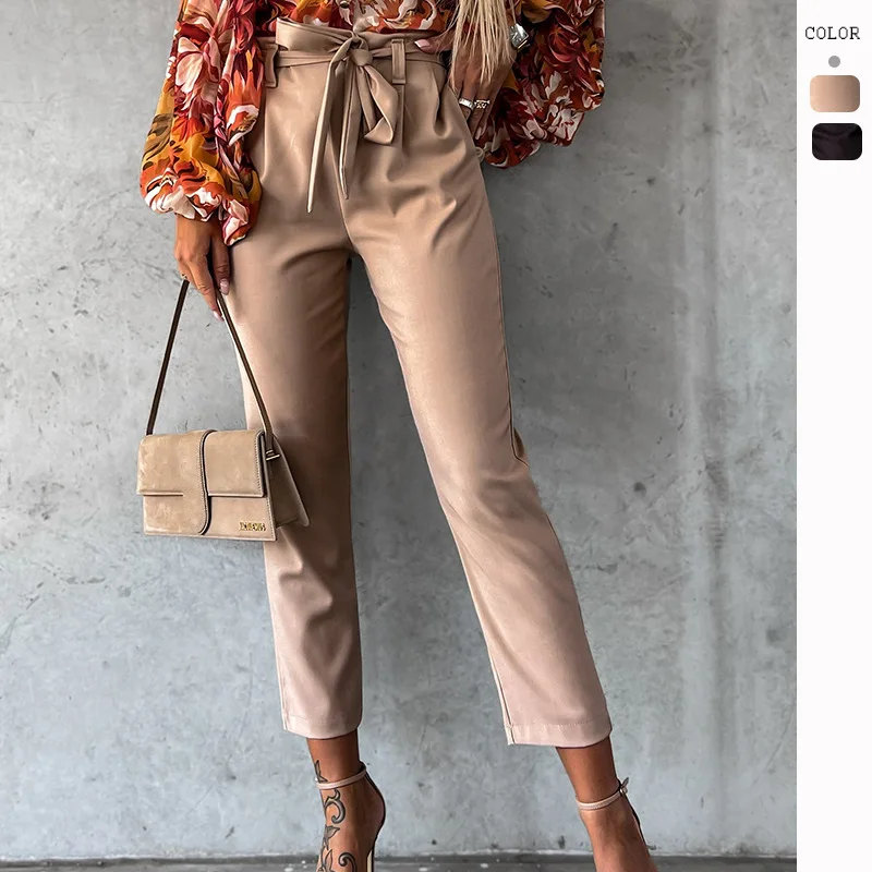 

2022 Autumn and Winter New Casual PU Leather with Belt Leather Pants Women