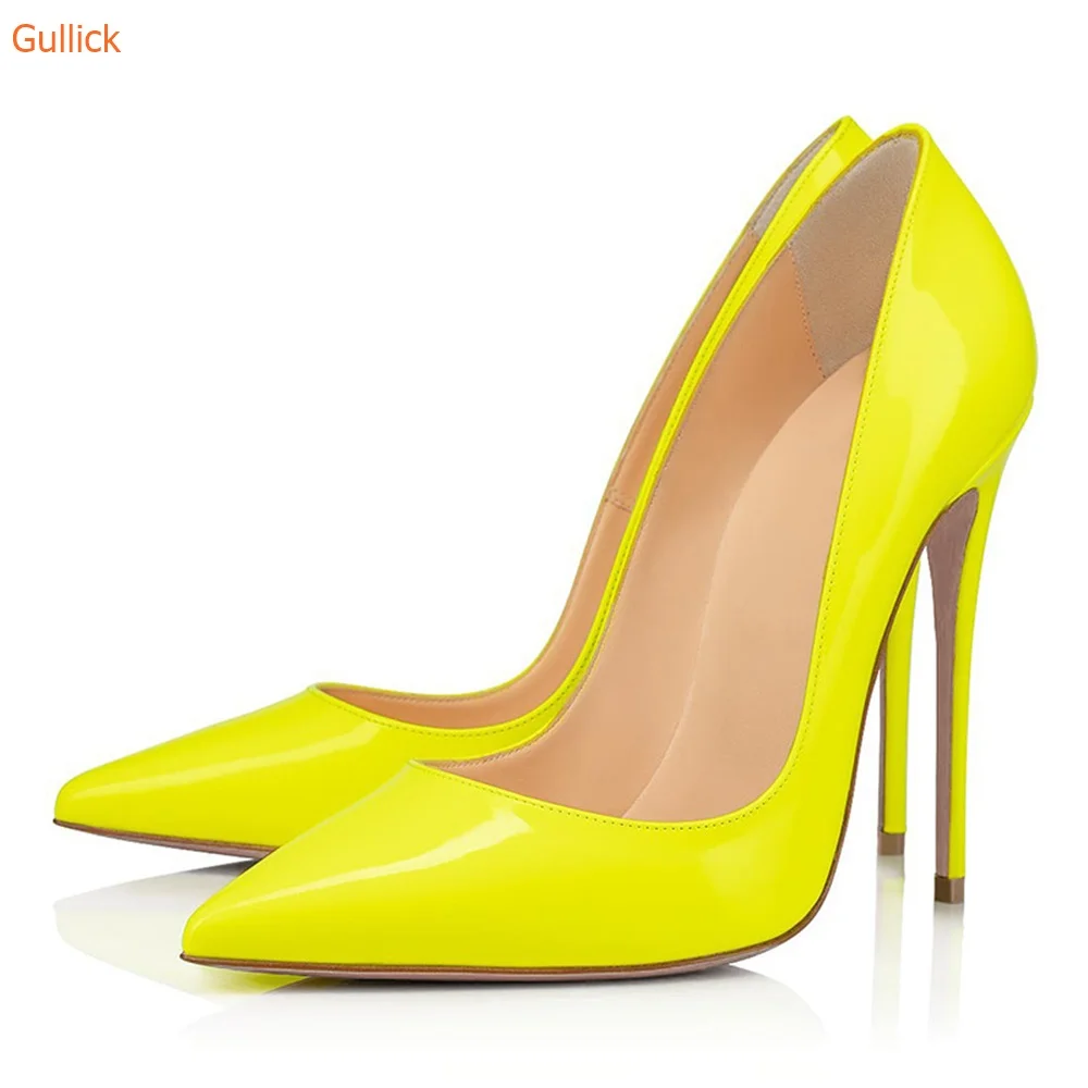 Yellow Patent Leather Sexy Pumps Slip On Thin Heels Pointed Toe Shoes Women Purple Fabric Fashion Spring Autumn Pumps