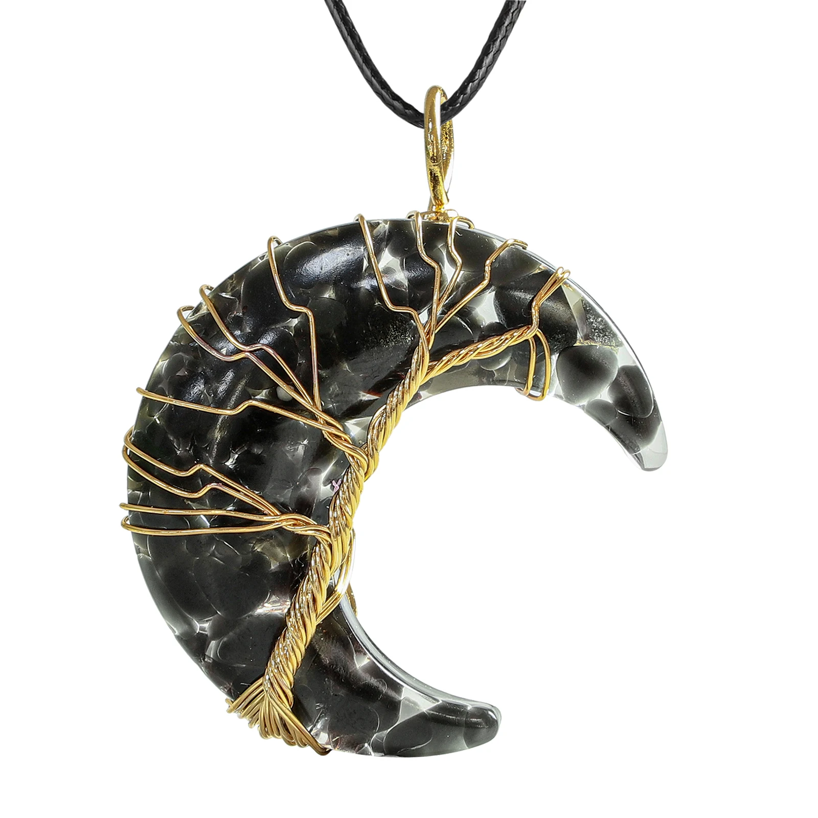 

Healing Crescent Moon Stone Pendant Golden Wire Wrapped Tree of Life Crystal Stone Resin Charms For Jewelry Making DIY Necklace