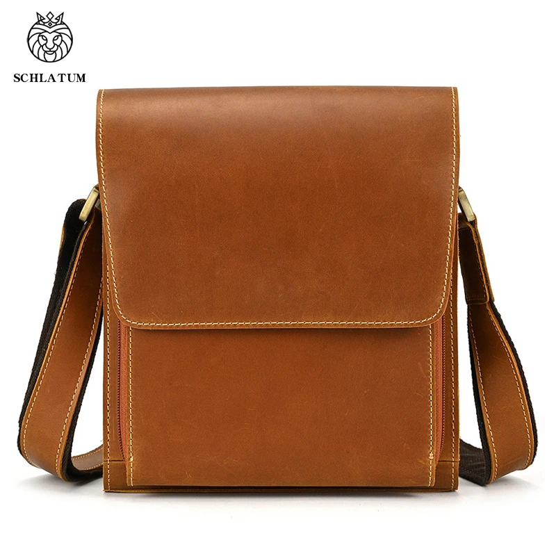 SCHLATUM 100%Genuine Leather Crazy Leather Horse Men's Messenger Bag Vintage Shoulder Bags for High Quality Male Crossbody Bag