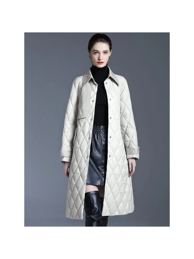 Europe 2022 Winter Fashion Long Lace Up Plaid Lattice Thin 90 White Duck Down Coats Women Black Single Breasted Warm Jackets
