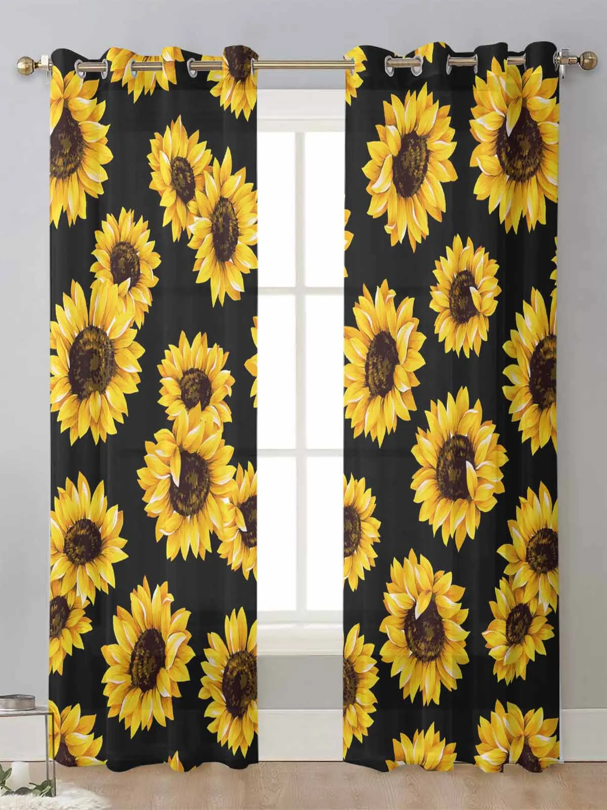 

Plant Sunflower Flower Black Sheer Curtains For Living Room Window Transparent Voile Tulle Curtain Cortinas Drapes Home Decor