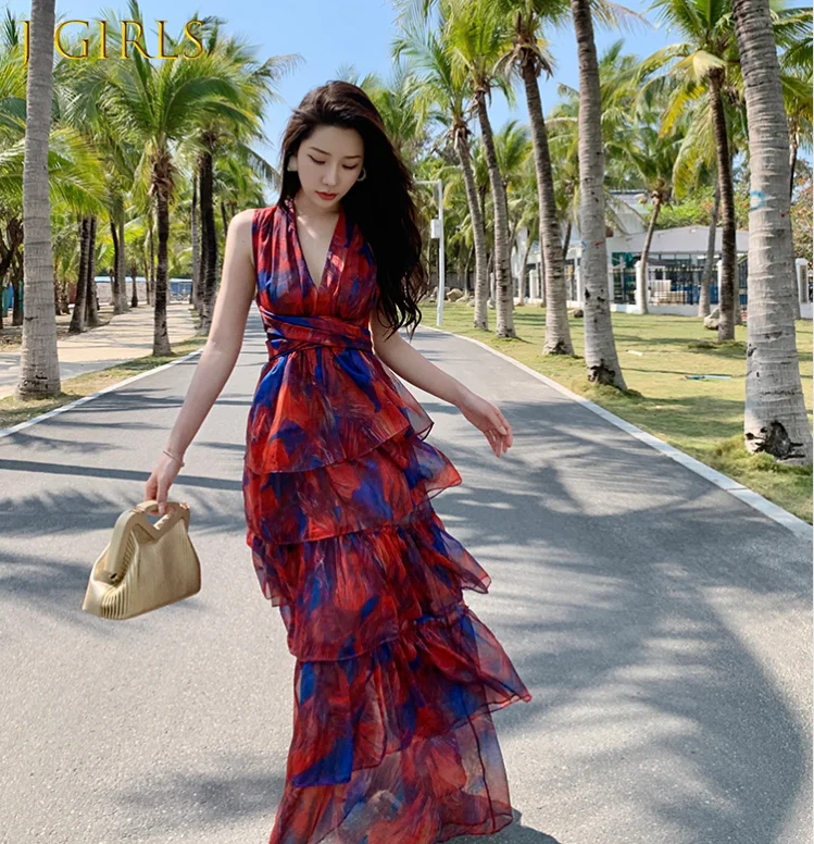 

Chic Women Summer Print Patchwork Ruffle Long Dress For Women V Neck Sleeveless High Waist Holiday Dress